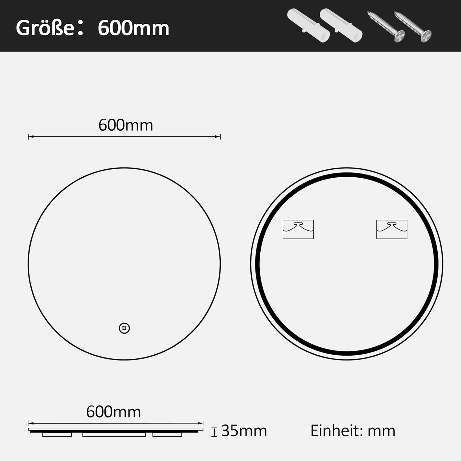 Boromal LED Bathroom Mirror Round with Lighting 60 x 60 cm LED Mirror Round Bathroom Mirror with Lighting Wall Mirror Round with 3 Light Colours Dimmable Touch Switch - Carlat