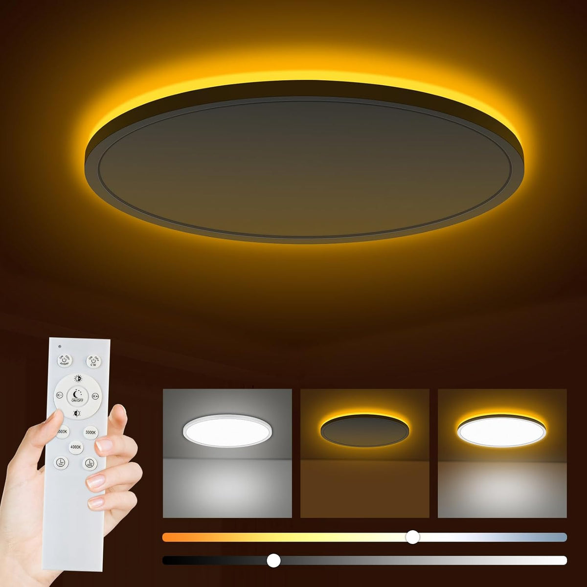 Bowfar LED Flat Ceiling Light, 24 W, 3200 lm, Ceiling Light with Remote Control, Dimmable 3000 K - 6500 K, 1800 K Night Light, Amber, Bathroom Lamp for Living Room, Kitchen, Children's Room, Hallway - Carlat