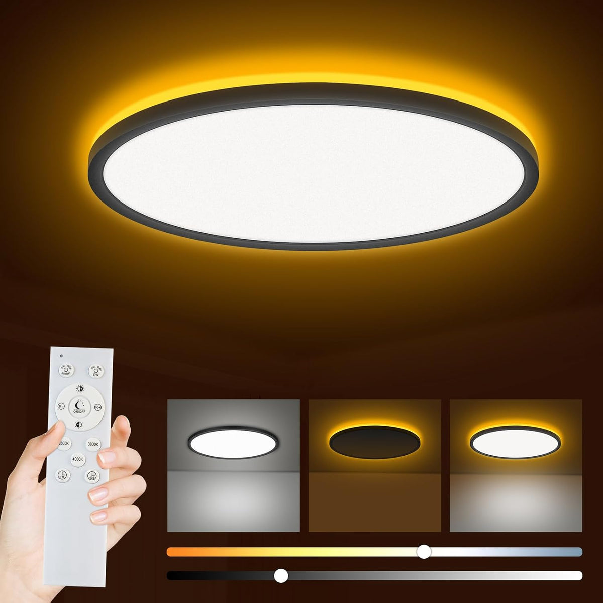 Bowfar LED Flat Ceiling Light, 24 W, 3200 lm, Ceiling Light with Remote Control, Dimmable 3000 K - 6500 K, 1800 K Night Light, Amber, Bathroom Lamp for Living Room, Kitchen, Children's Room, Hallway - Carlat