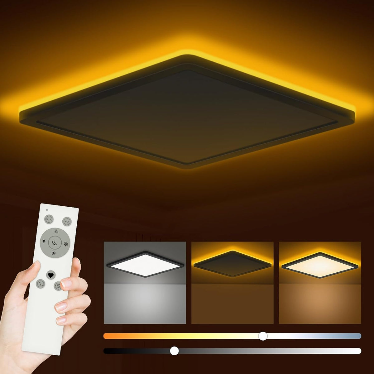 Bowfar LED Flat Ceiling Light, 24 W, 3200 lm, Ceiling Light with Remote Control, Dimmable 3000 K - 6500 K, 1800 K Night Light, Amber, Bathroom Lamp for Living Room, Kitchen, Children's Room, Hallway - Carlat