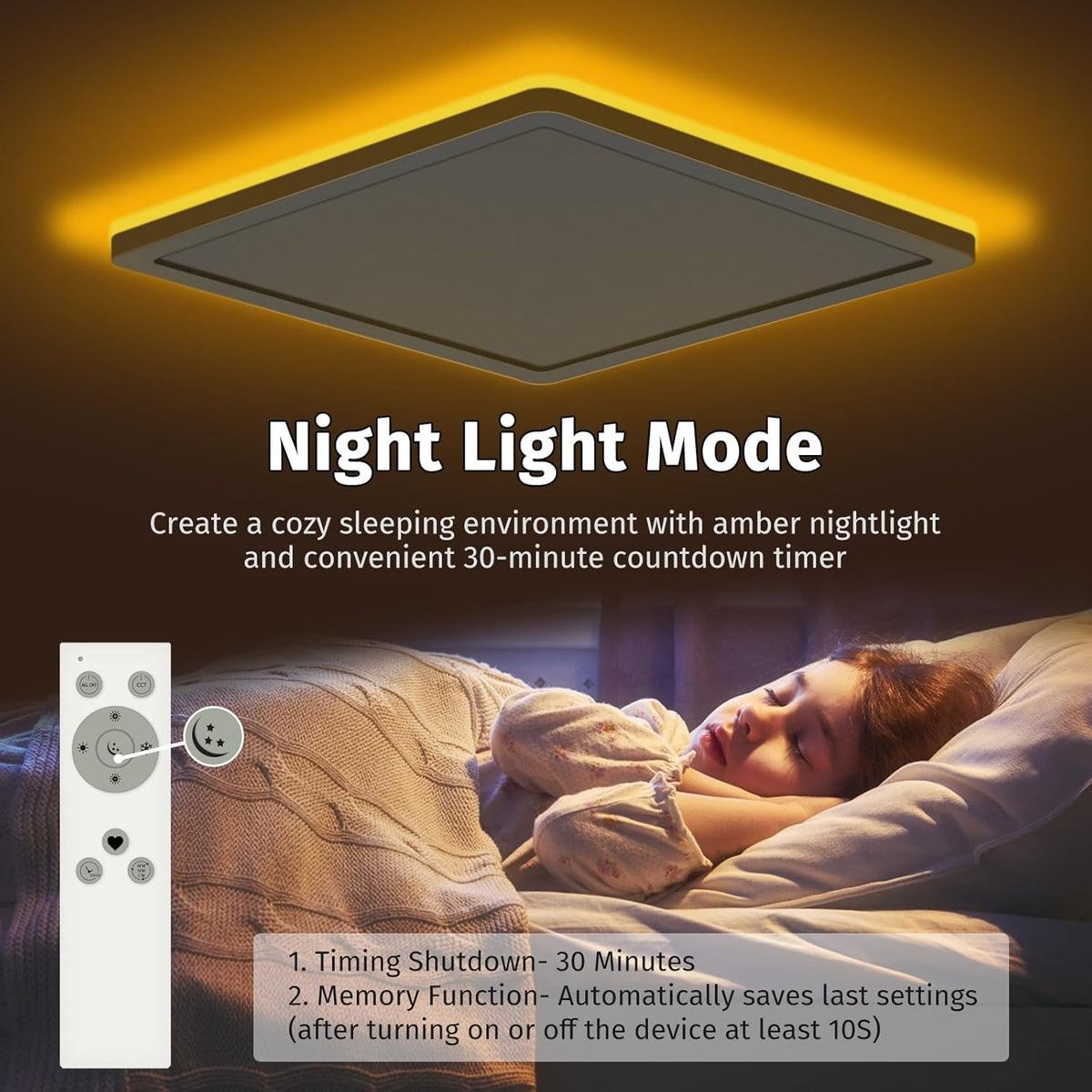 Bowfar LED Flat Ceiling Light, 24 W, 3200 lm, Ceiling Light with Remote Control, Dimmable 3000 K - 6500 K, 1800 K Night Light, Amber, Bathroom Lamp for Living Room, Kitchen, Children's Room, Hallway - Carlat