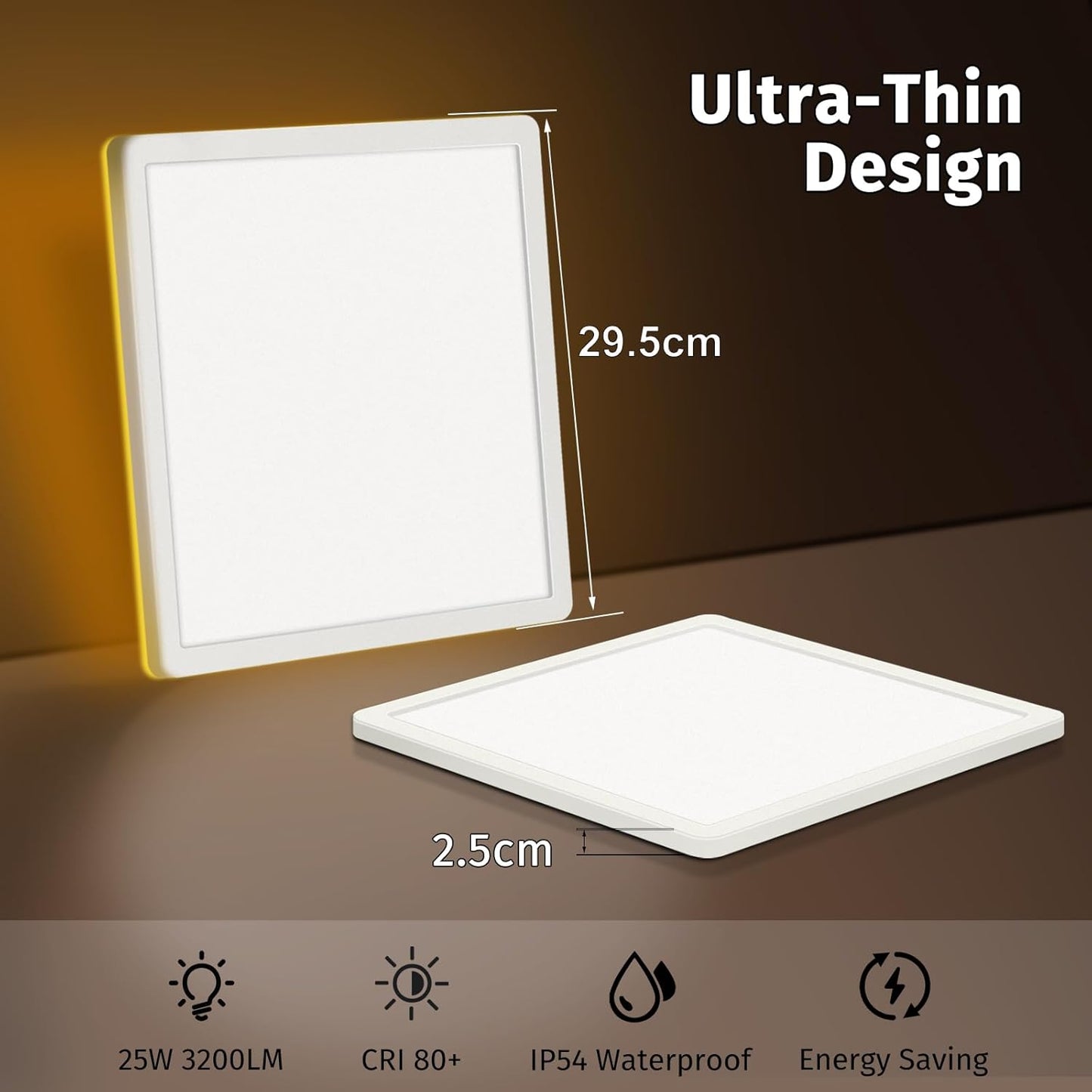 Bowfar LED Flat Ceiling Light, 24 W, 3200 lm, Ceiling Light with Remote Control, Dimmable 3000 K - 6500 K, 1800 K Night Light, Amber, Bathroom Lamp for Living Room, Kitchen, Children's Room, Hallway - Carlat