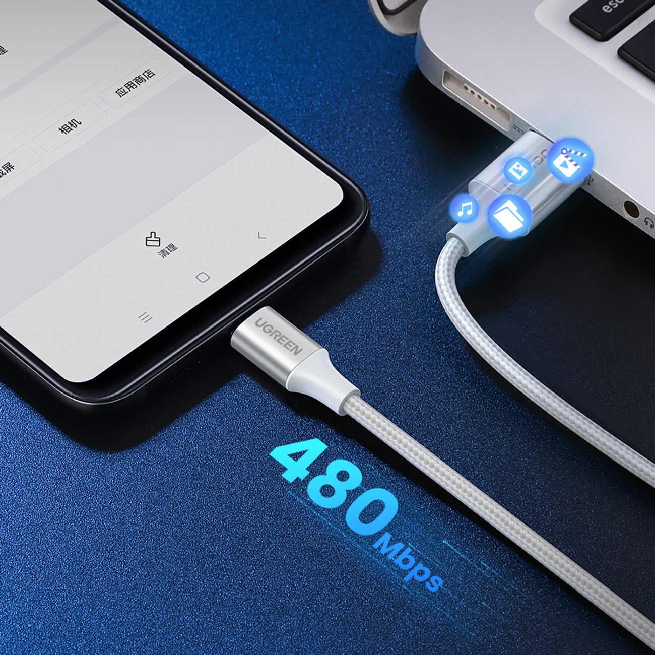 Braided cable USB-A - USB-C QC 3.0 3A 1m - white - Carlat