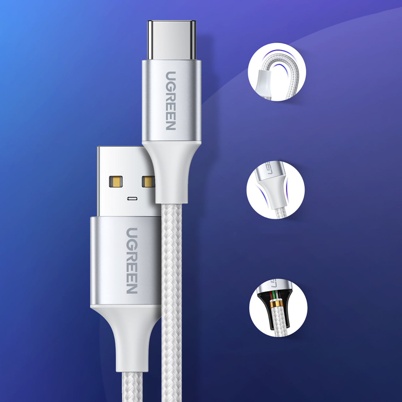 Braided cable USB-A - USB-C QC 3.0 3A 1m - white - Carlat