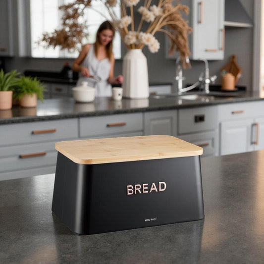 Bread – Steel bread bin, bamboo lid/cutting board, black, Kinghoff, KH-1948 - Carlat