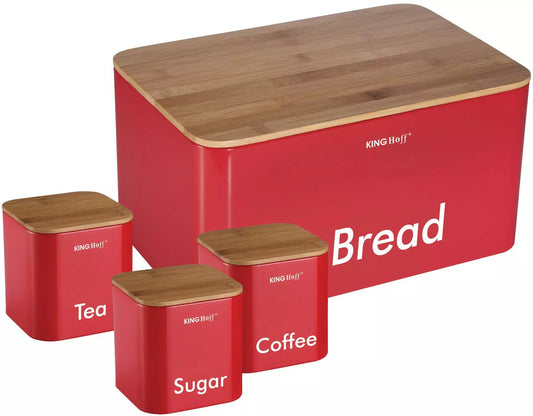 Bread box with container set, steel and bamboo, red, Kinghoff - Carlat