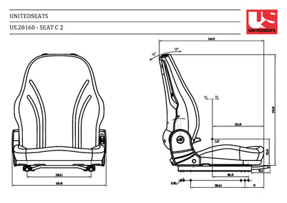 Technical drawing of a seat with dimensions labeled, featuring the UnitedSeats logo.