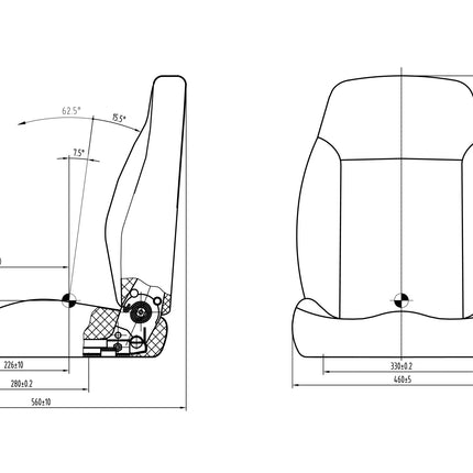 Technical drawing of a car seat with dimensions labeled
