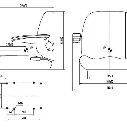 Technical drawing of a chair with dimensions