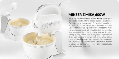 CAMRY CR 4213 Mixer with 3-liter bowl, 600 W, 5 speeds + turbo, motorized rotating bowl, whisks and beaters made of 304 stainless steel – image 26