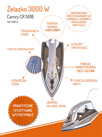 CAMRY CR 5018 Steam Iron, 3000 W, ceramic soleplate, powerful steam burst 75 g/min, continuous steam 40 g/min, vertical ironing, auto-off, anti-drip, anti-calc, 320-ml tank, – image 12