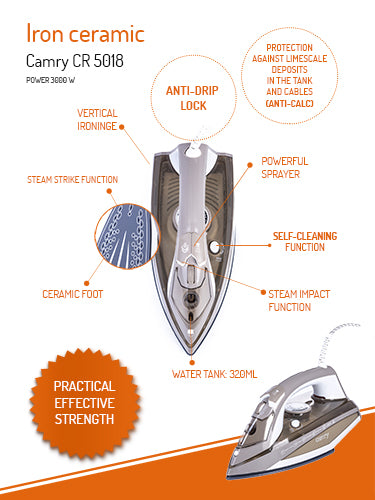 CAMRY CR 5018 Steam Iron, 3000 W, ceramic soleplate, powerful steam burst 75 g/min, continuous steam 40 g/min, vertical ironing, auto-off, anti-drip, anti-calc, 320-ml tank, – image 13