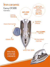 CAMRY CR 5018 Steam Iron, 3000 W, ceramic soleplate, powerful steam burst 75 g/min, continuous steam 40 g/min, vertical ironing, auto-off, anti-drip, anti-calc, 320-ml tank, – image 13