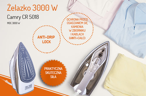 CAMRY CR 5018 Steam Iron, 3000 W, ceramic soleplate, powerful steam burst 75 g/min, continuous steam 40 g/min, vertical ironing, auto-off, anti-drip, anti-calc, 320-ml tank, – image 15