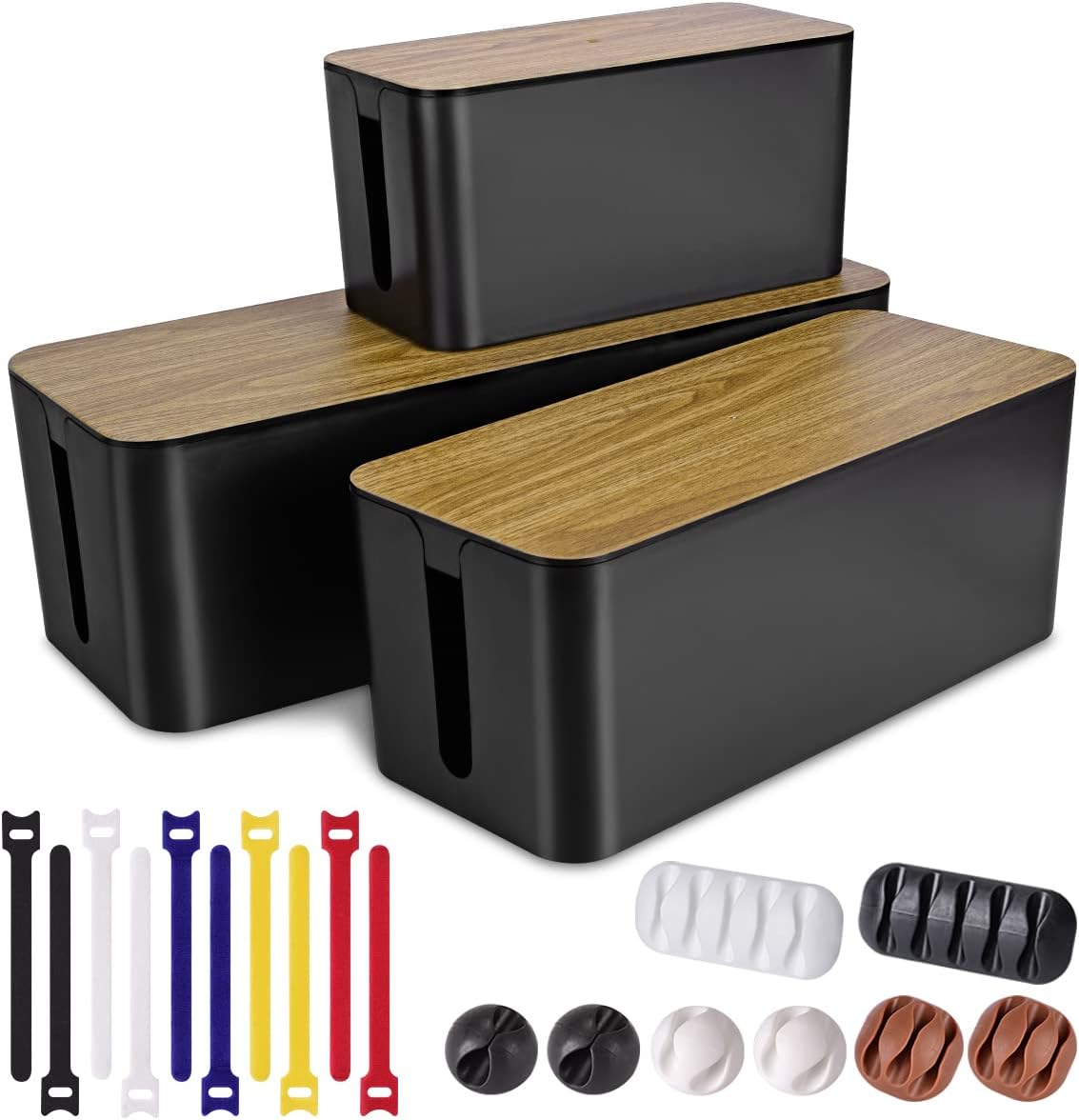 Cable Management Box with 18 Piece Cable Management Kit - Large & Medium and Small Wood Grain Cable Organizer Box for Hiding Wires and Power Strips, TV Cable Organizer Box, - Carlat