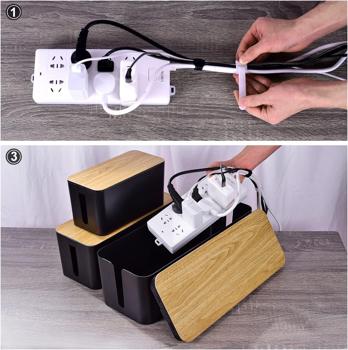Cable Management Box with 18 Piece Cable Management Kit - Large & Medium and Small Wood Grain Cable Organizer Box for Hiding Wires and Power Strips, TV Cable Organizer Box, - Carlat