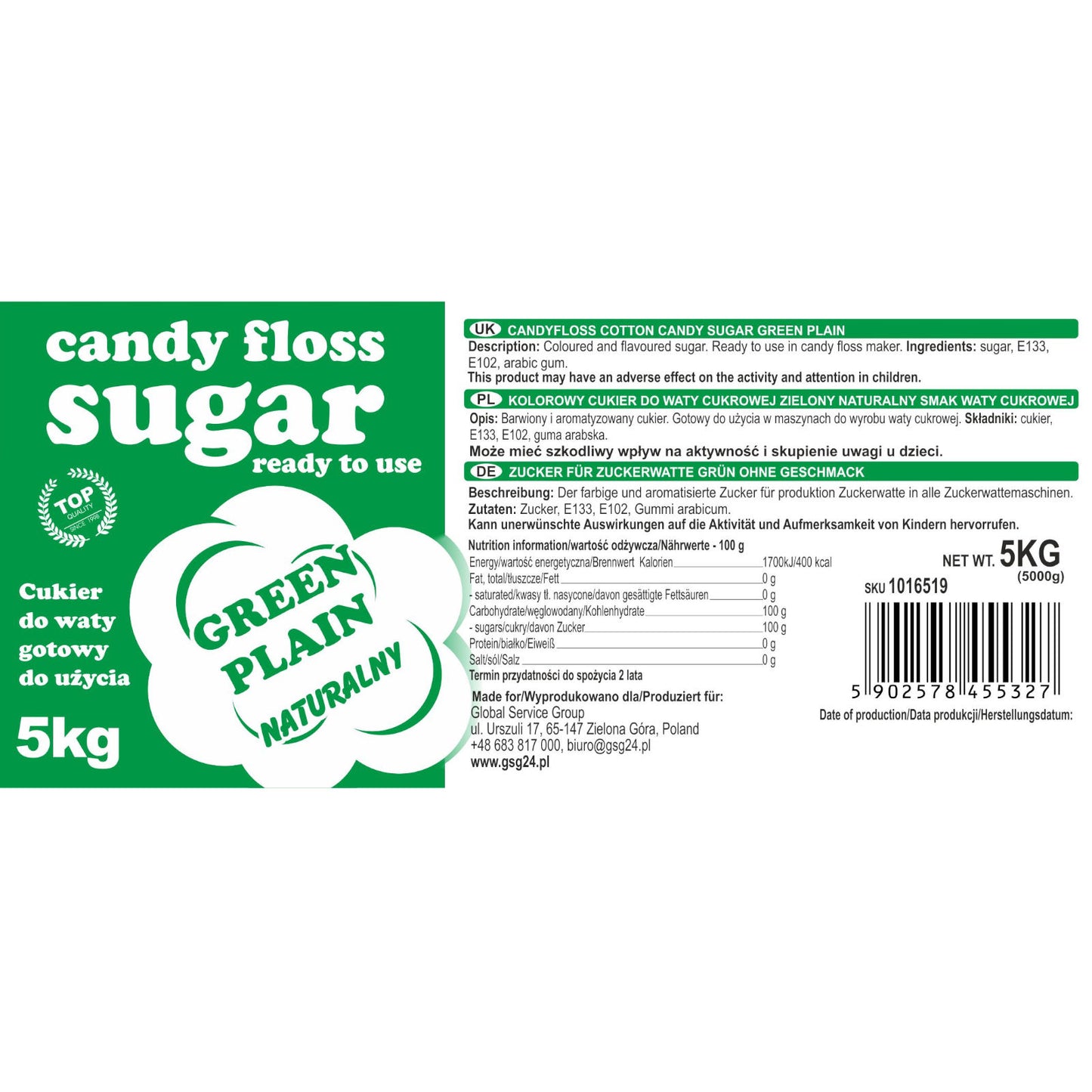 Candy & Chocolate – Colored cotton candy sugar, green, natural - Carlat