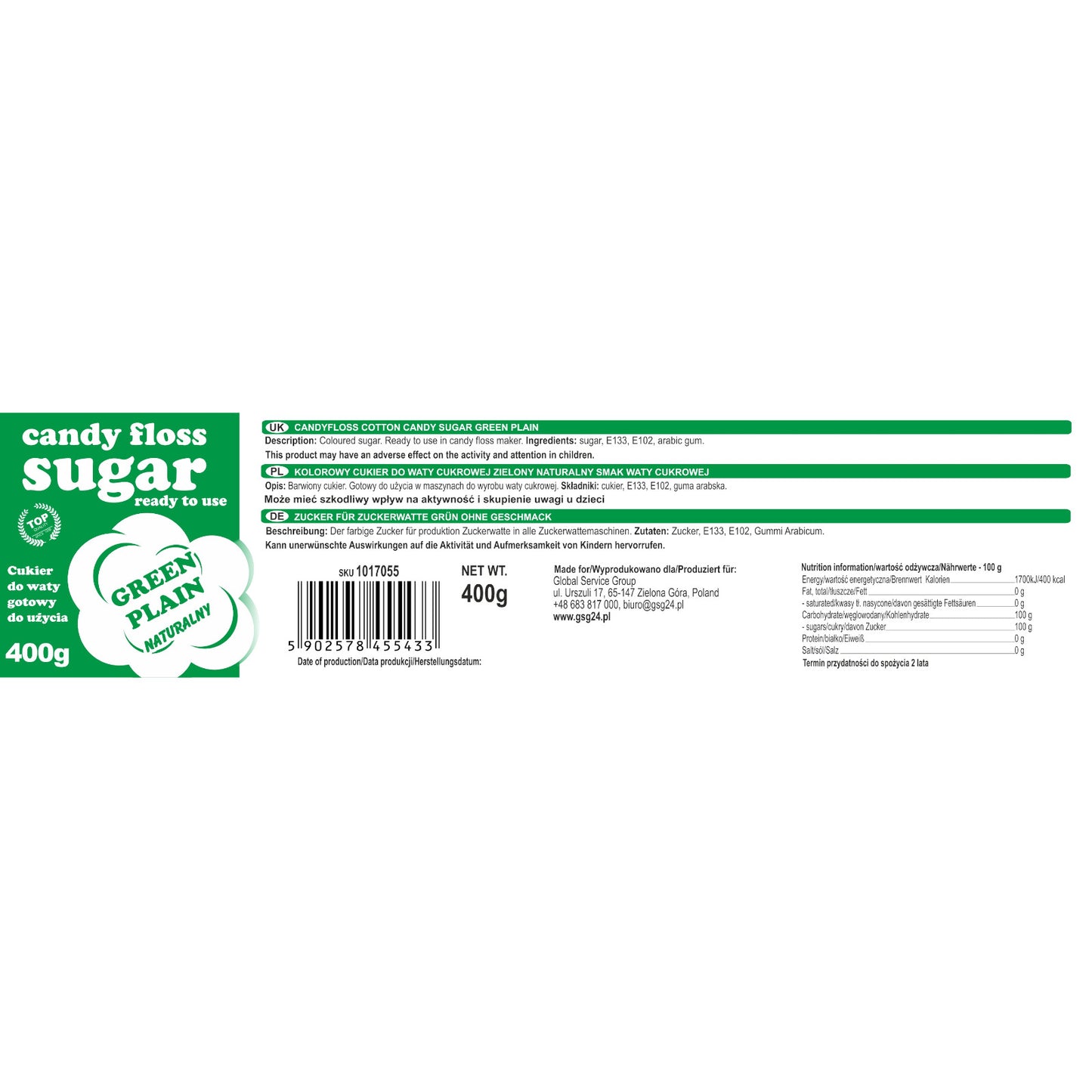 Candy & Chocolate – Colored cotton candy sugar, green, natural - Carlat