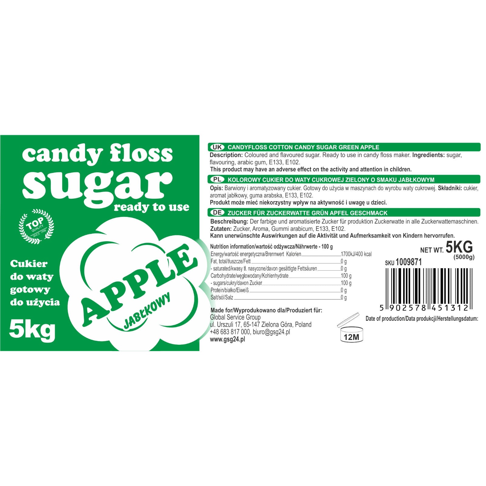 Candy & Chocolate – Colored flavored green cotton candy sugar - Carlat