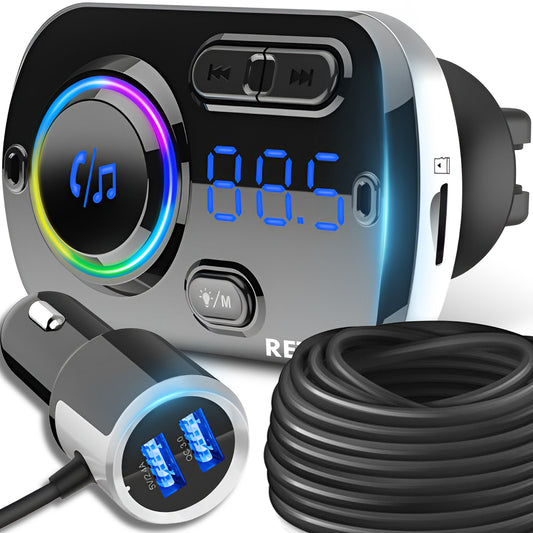 Car Bluetooth FM Transmitter with 2x USB-C Fast Chargers, AUX, and Hands-Free Calling - E663 - Carlat