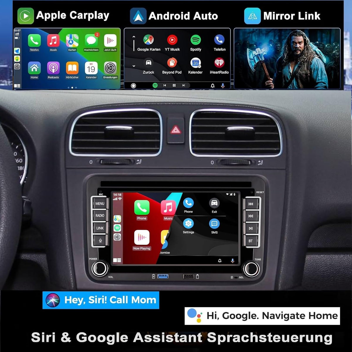 Car Radio for VW Golf 5/6, Polo 5/6R, T5, Passat, Jetta - 7" Touch Screen, Wireless CarPlay & Android Car, Bluetooth/AM/FM/Steering Wheel Control (SWC)/USB/DSP-EQ, Plug and Play - Carlat