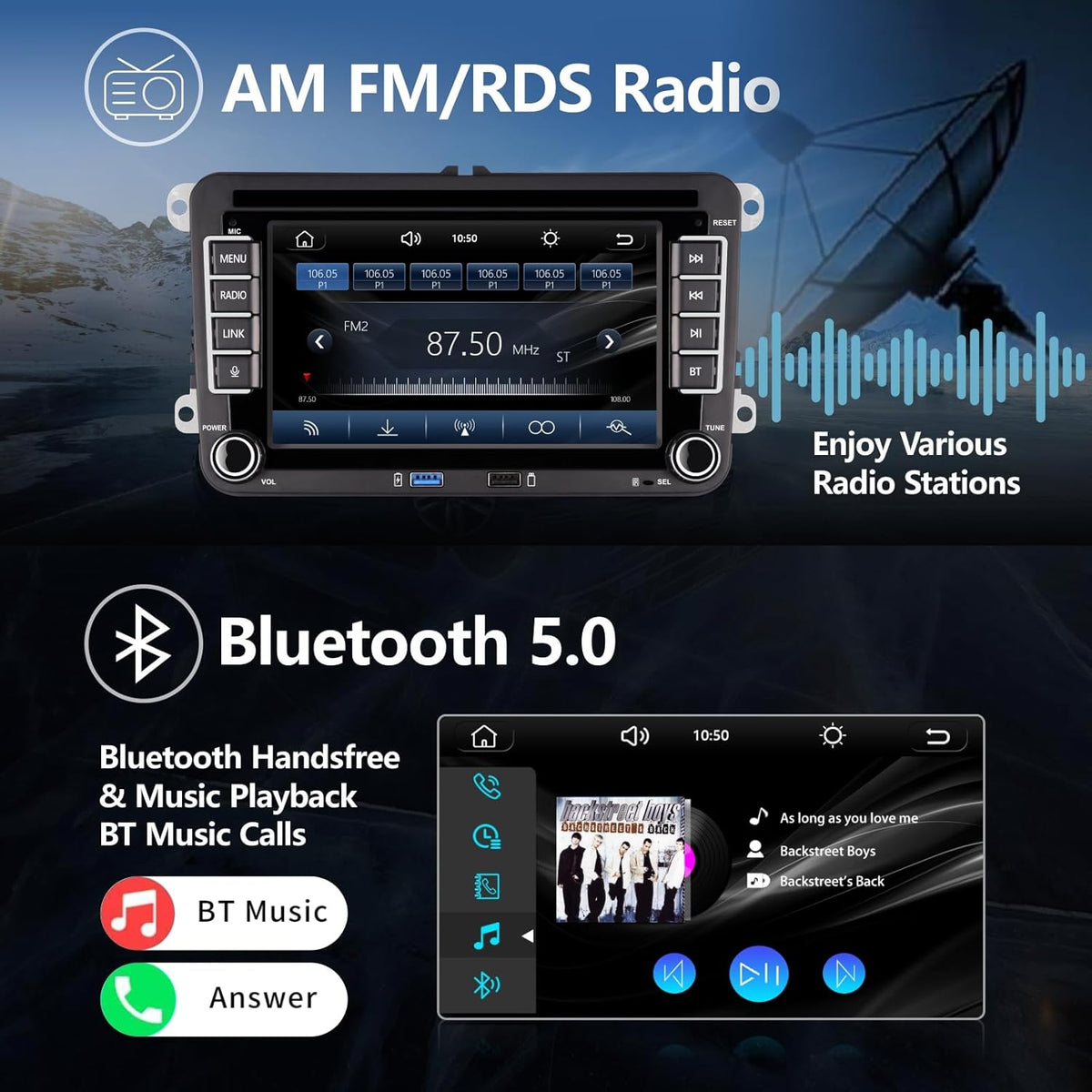 Car Radio for VW Golf 5/6, Polo 5/6R, T5, Passat, Jetta - 7" Touch Screen, Wireless CarPlay & Android Car, Bluetooth/AM/FM/Steering Wheel Control (SWC)/USB/DSP-EQ, Plug and Play - Carlat