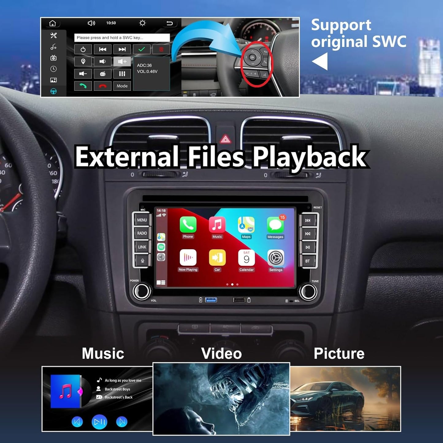 Car Radio for VW Golf 5/6, Polo 5/6R, T5, Passat, Jetta - 7" Touch Screen, Wireless CarPlay & Android Car, Bluetooth/AM/FM/Steering Wheel Control (SWC)/USB/DSP-EQ, Plug and Play - Carlat
