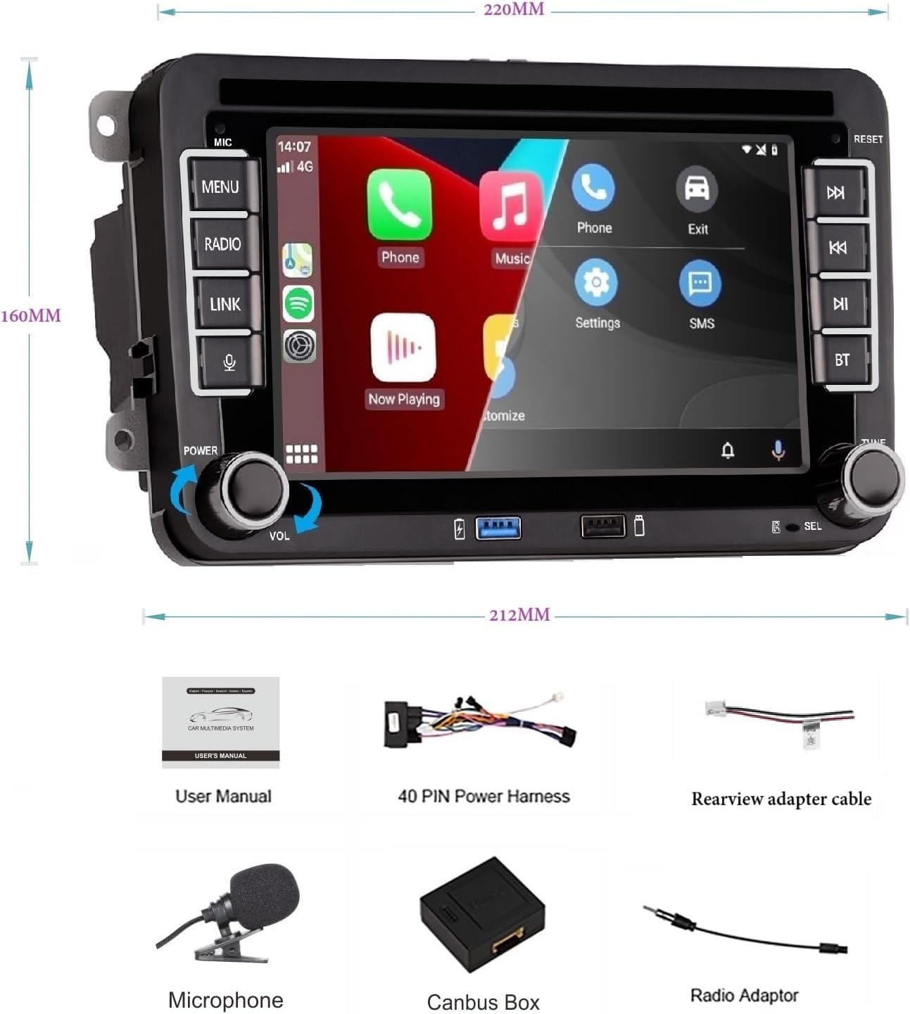 Car Radio for VW Golf 5/6, Polo 5/6R, T5, Passat, Jetta - 7" Touch Screen, Wireless CarPlay & Android Car, Bluetooth/AM/FM/Steering Wheel Control (SWC)/USB/DSP-EQ, Plug and Play - Carlat