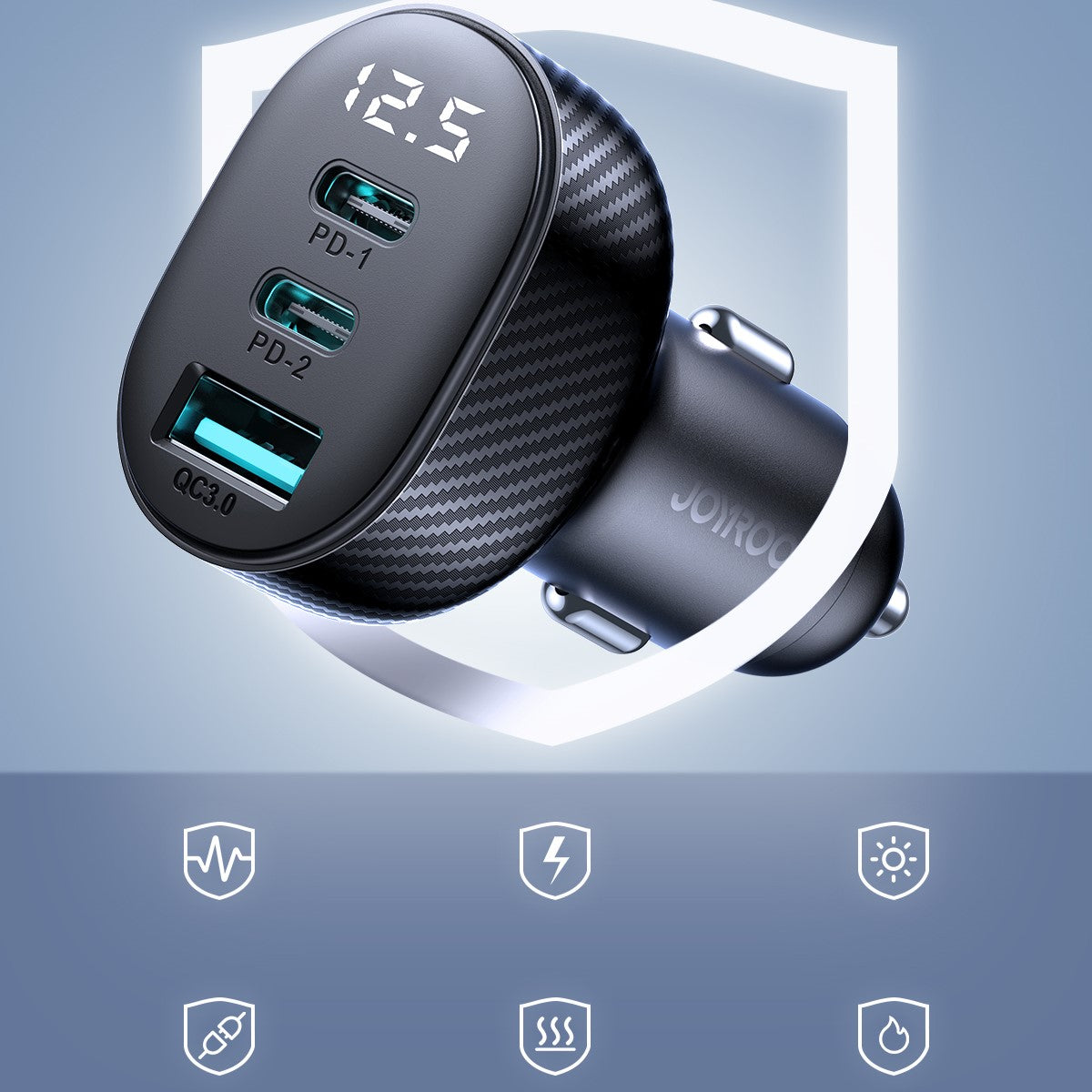 Car charger with display 2x USB-C USB-A 30W black - Carlat