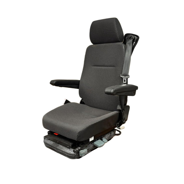 Gray vehicle seat with adjustable features on a white background