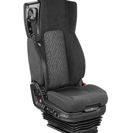 A Voyager C75 premium fabric seat with full air suspension, featuring heating/cooling, dual lumbar, tilt, and height-adjustable 3-point belt.