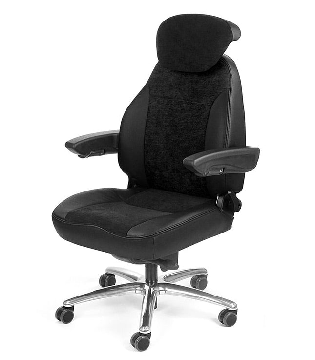 Black office chair with adjustable armrests and headrest on a white background, branded as UnitedSeats.