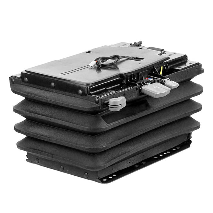 Stack of black and gray electronic components on a white background