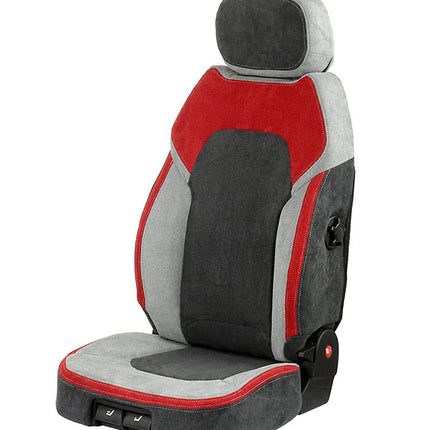 Car seat cover with red and gray design on a white background, branded as UnitedSeats.