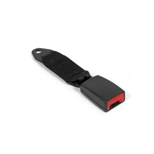 Black seat belt with red buckle on a white background
