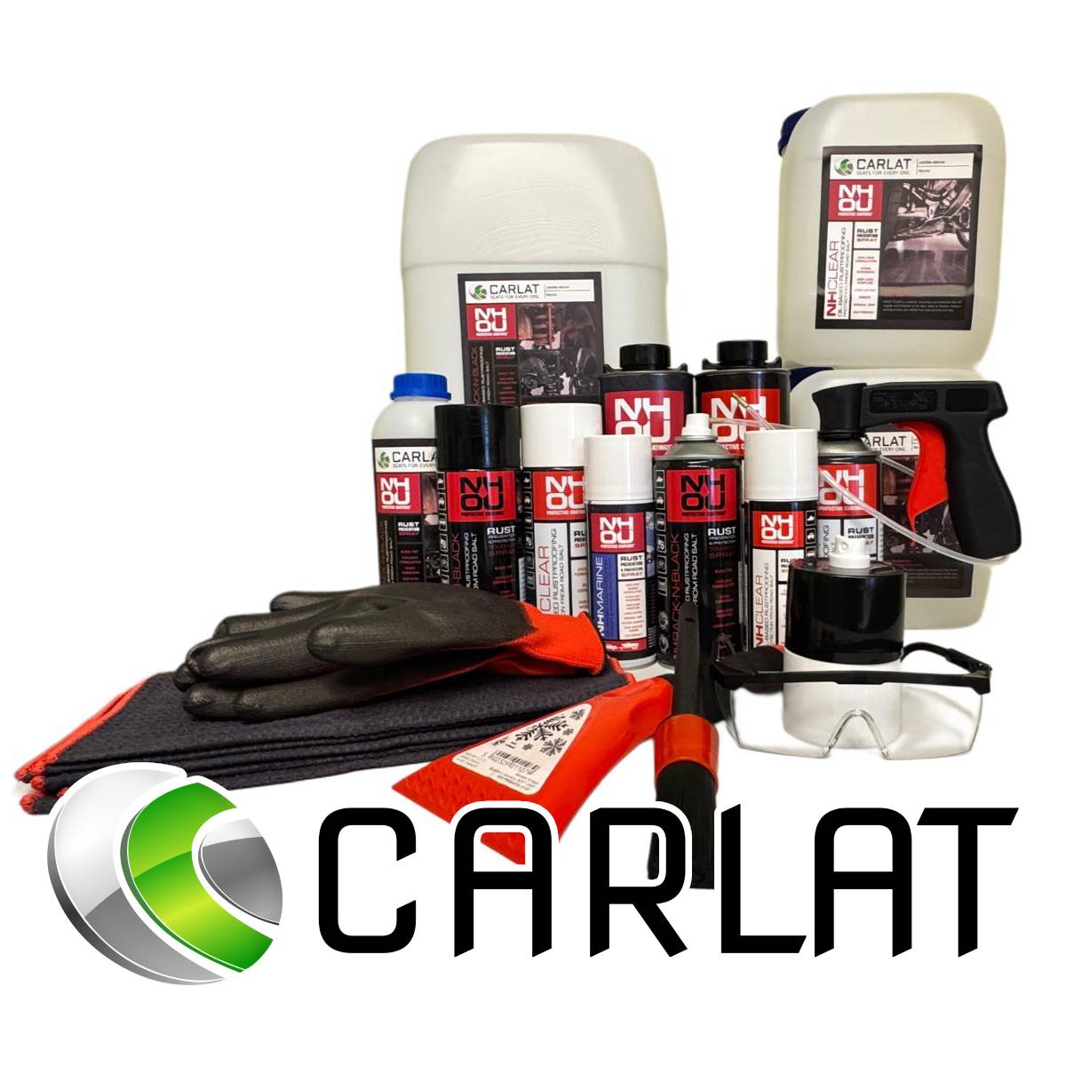 Collection of CARLAT automotive care products including bottles, containers, gloves, and a spray gun on a white background.