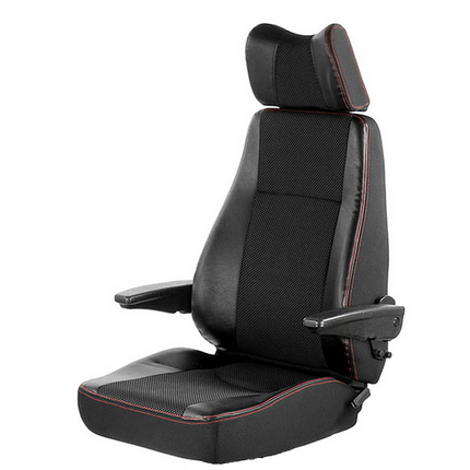 A black fabric seat upper with a high back, lumbar support, and adjustable backrest, featuring red trim and a headrest.