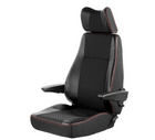 A black fabric seat upper with a high back, lumbar support, and adjustable backrest, featuring red trim and a headrest.
