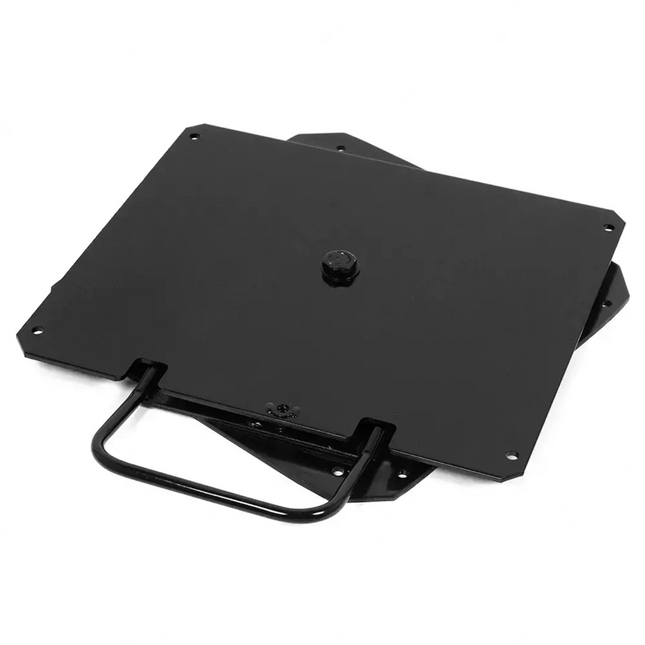 Black metal stand with a handle on a white background