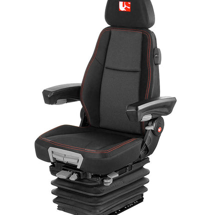 A black mechanical suspension seat with adjustable armrests and a headrest, designed for use in construction or agricultural vehicles.