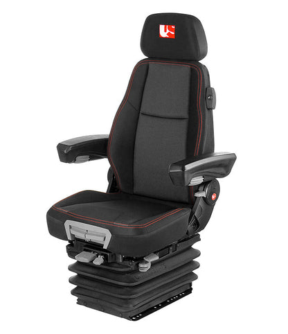 A black mechanical suspension seat with adjustable armrests and a headrest, designed for use in construction or agricultural vehicles.