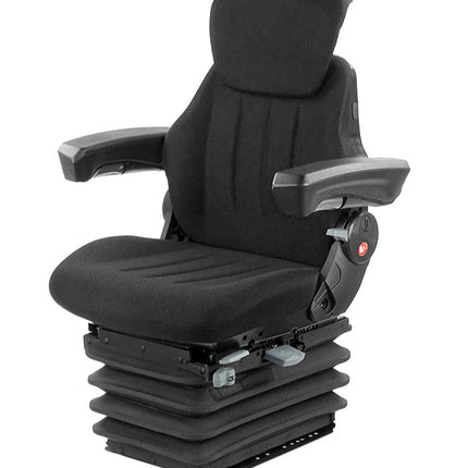 A black mechanical-suspension seat designed for agricultural and light construction vehicles, featuring adjustable armrests and a lumbar support.