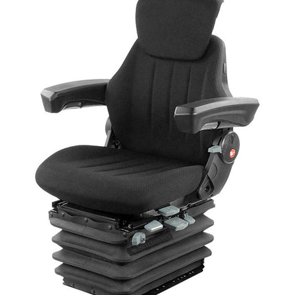 A black mechanical suspension seat designed for use in tractors and other off-road vehicles, featuring adjustable armrests and a lumbar support.