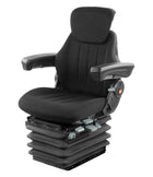 A black mechanical suspension seat designed for use in tractors and other off-road vehicles, featuring adjustable armrests and a lumbar support.