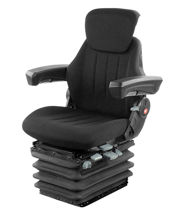 A black mechanical suspension seat designed for use in tractors and other off-road vehicles, featuring adjustable armrests and a lumbar support.