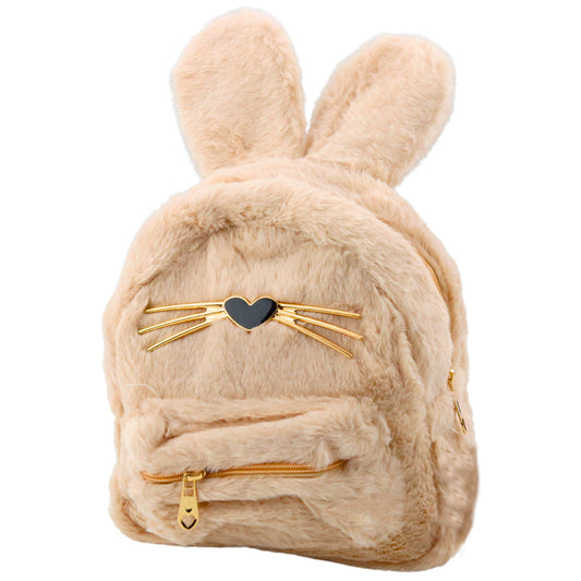 LEAN Children's Furry Plush Backpack with Rabbit Ears, Nose, and Mustache—Beige, 3L, 22 cm