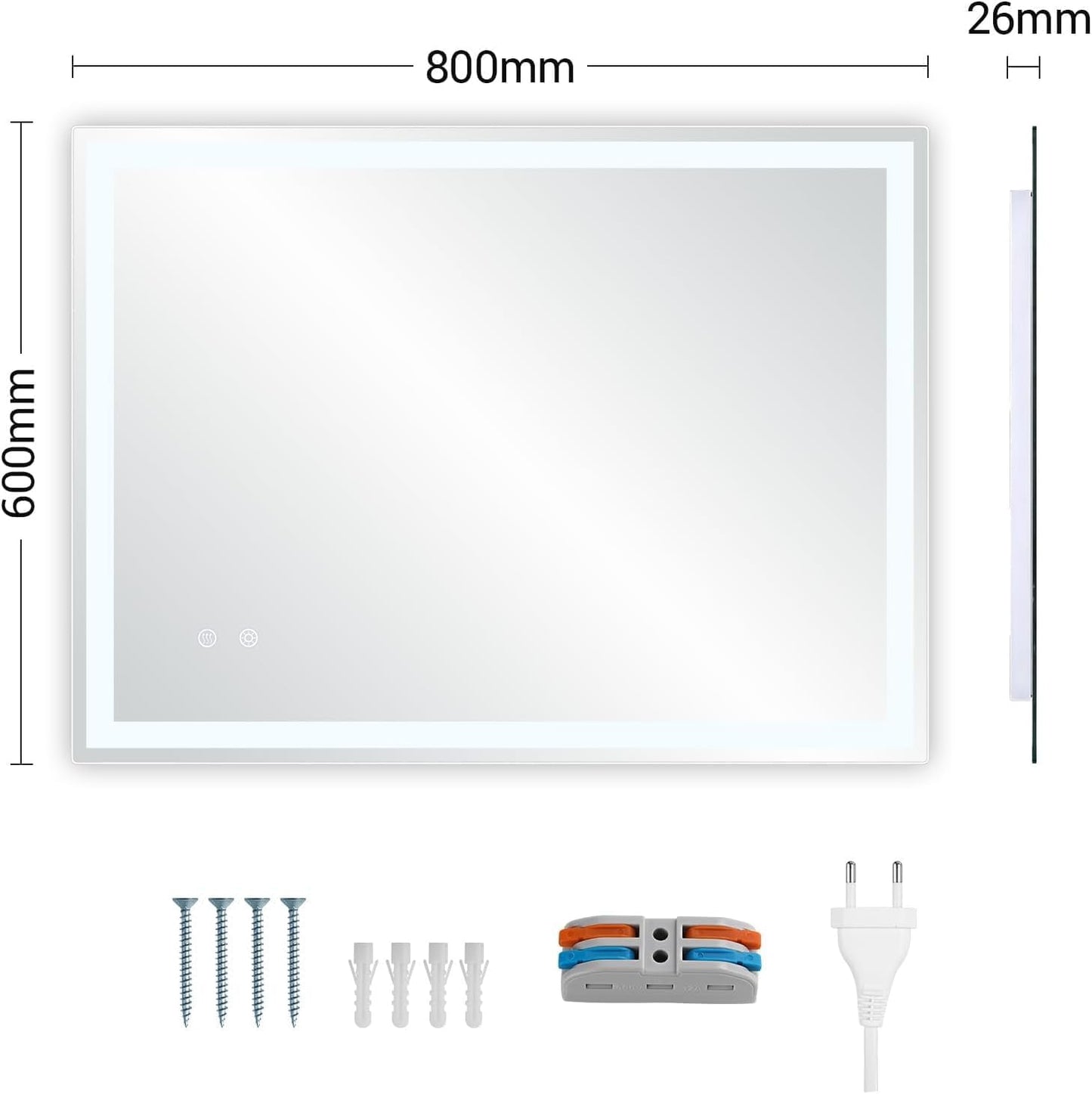 Clevich Bathroom Mirror with Lighting, 80 x 60 cm, LED Mirror with 3 Light Colours, Dimmable, Tempered Glass, Explosion Protection, Touch Switch, Memory Function, Anti-Fog, Bathroom Mirror with Light - Carlat