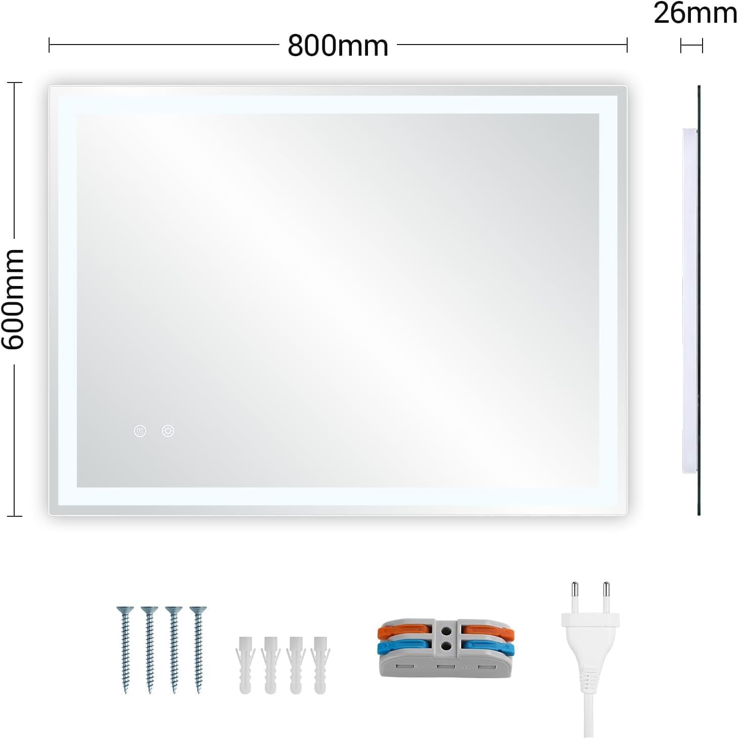 Clevich Bathroom Mirror with Lighting, 80 x 60 cm, LED Mirror with 3 Light Colours, Dimmable, Tempered Glass, Explosion Protection, Touch Switch, Memory Function, Anti-Fog, Bathroom Mirror with Light - Carlat