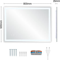 Clevich Bathroom Mirror with Lighting, 80 x 60 cm, LED Mirror with 3 Light Colours, Dimmable, Tempered Glass, Explosion Protection, Touch Switch, Memory Function, Anti-Fog, Bathroom Mirror with Light - Carlat