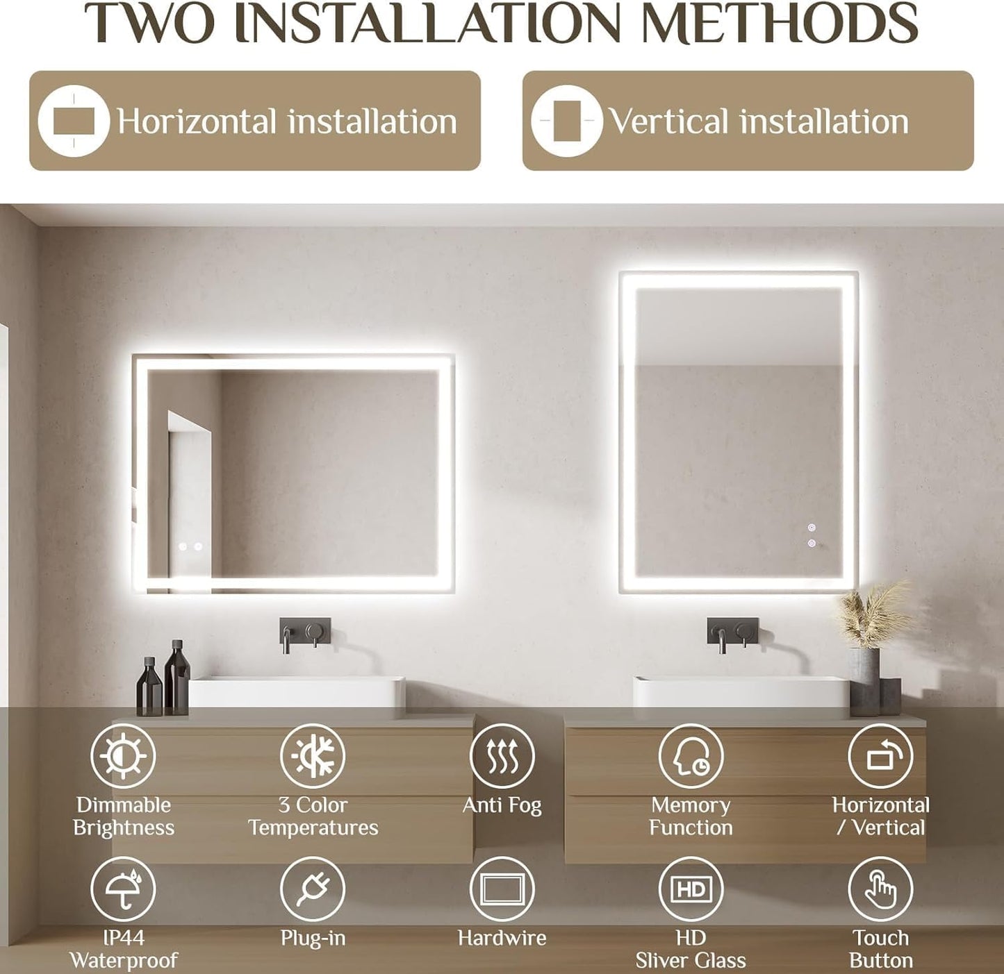 Clevich Bathroom Mirror with Lighting, 80 x 60 cm, LED Mirror with 3 Light Colours, Dimmable, Tempered Glass, Explosion Protection, Touch Switch, Memory Function, Anti-Fog, Bathroom Mirror with Light - Carlat
